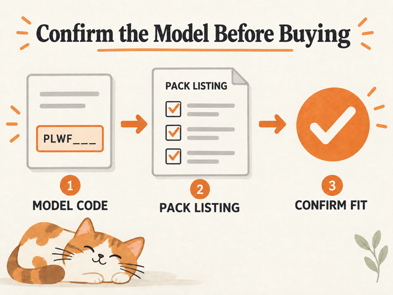 Confirm the Model Before Buying Editorial diagram connecting an appliance model-code label, a package checklist, and a fit check.