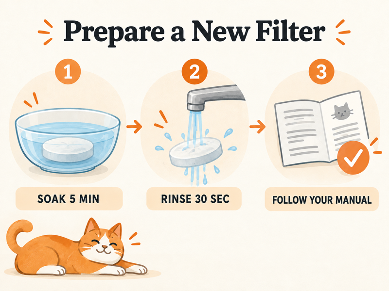 Prepare a New Filter Editorial diagram of a symbolic filter soaking in a bowl, rinsing under a tap, and consulting a manual.