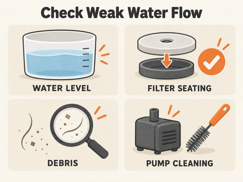 Check Weak Water Flow Editorial diagram showing water level, filter seating, debris, and pump-cleaning checks.