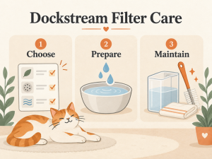Editorial illustration of a cat beside model selection, filter preparation, and cleaning symbols.