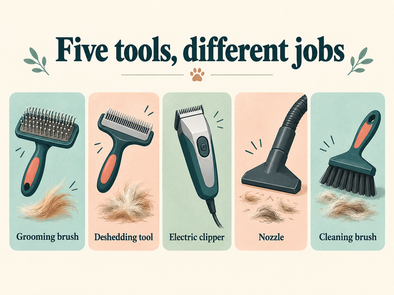 Illustrated tool roles for a Neakasa P2 Pro dog grooming vacuum guide