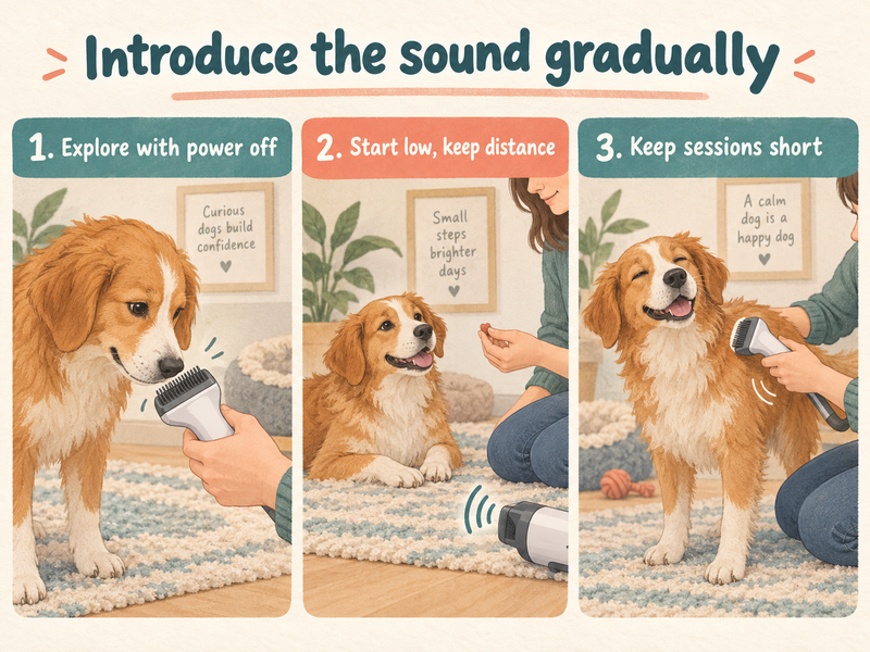 Three illustrated stages of voluntary dog grooming sound introduction
