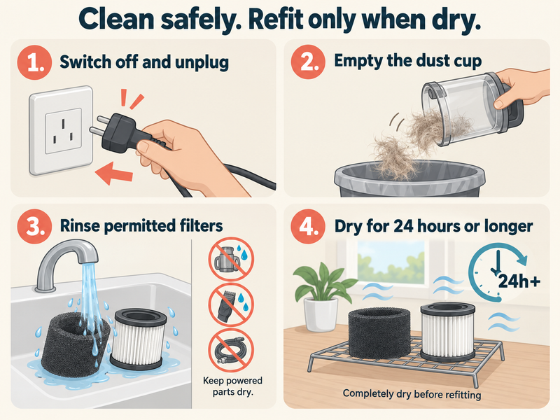 Illustrated unplugging, dust-cup emptying, permitted filter rinsing and complete drying