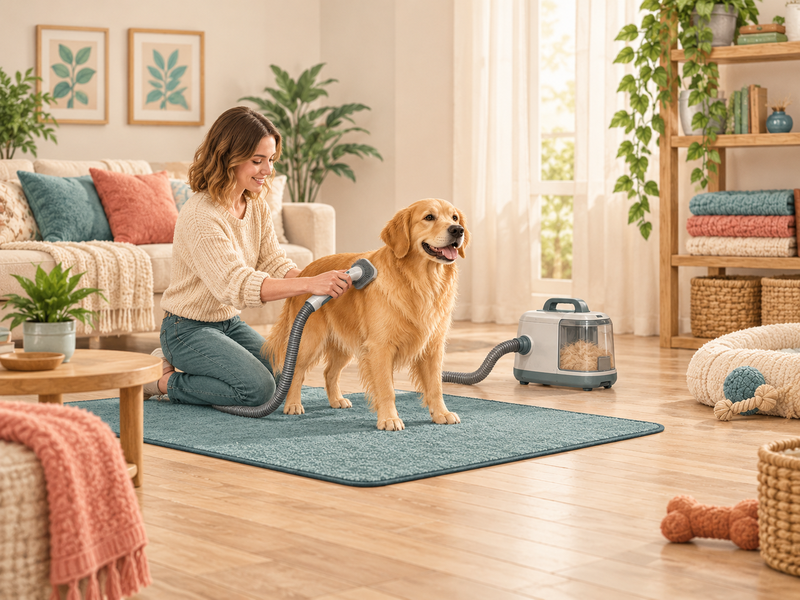 AI-created editorial scene of a calm dog being gently brushed beside an unbranded grooming vacuum