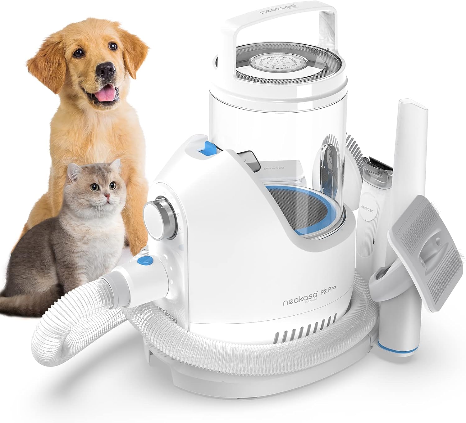 Neakasa P2 Pro grooming vacuum kit with attachments, shown with a dog and cat