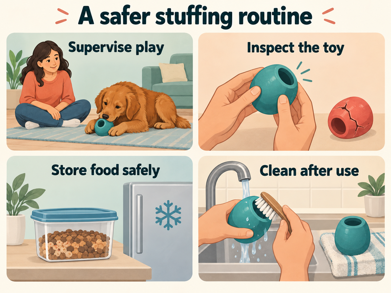 Illustrations of supervised play, damage checks, food storage and toy cleaning