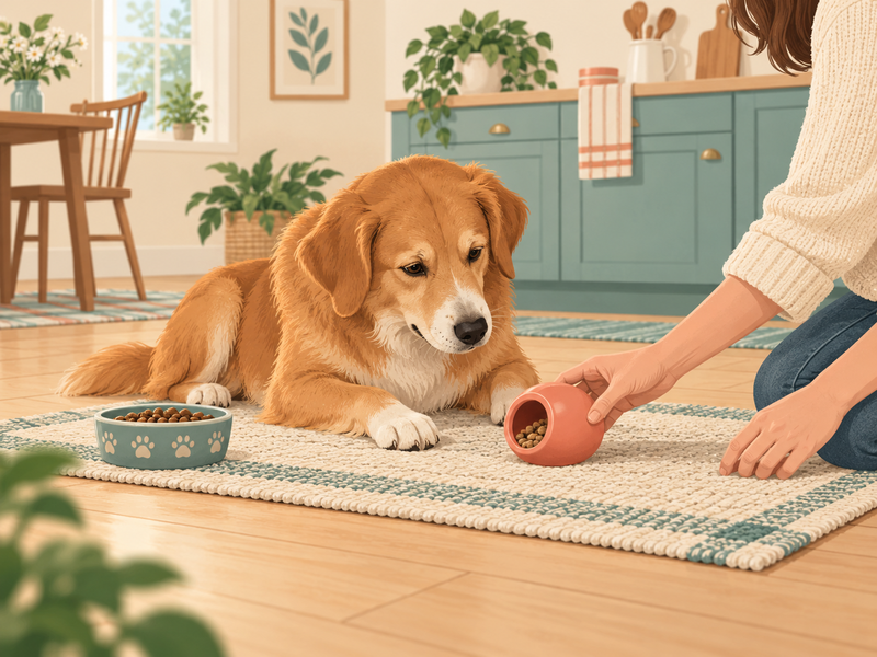 AI-created editorial scene of a supervised dog beside an unbranded food-stuffing toy
