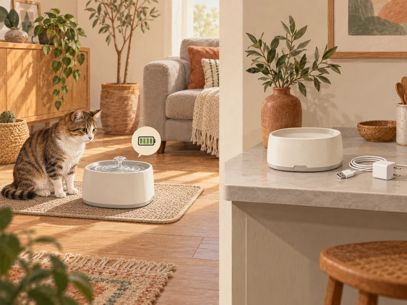 AI-created illustration of a generic fountain beside a cat and a separate dry base with USB cable