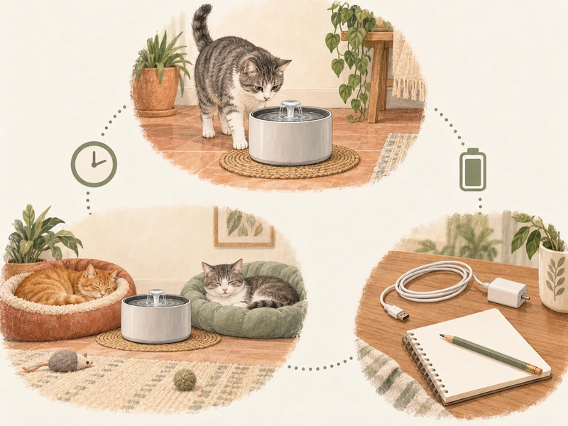 Editorial illustration for PETKIT Eversweet Max cordless battery life: cats, a battery symbol and a charging log