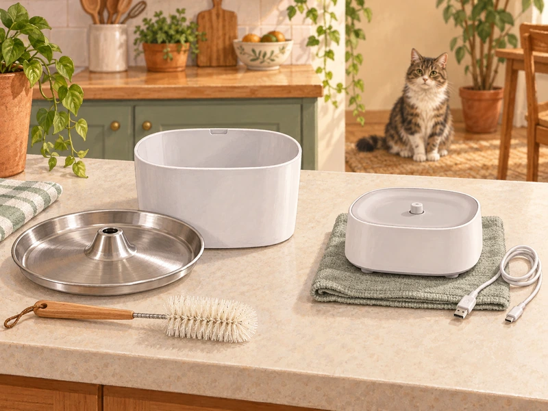 AI-created illustration of a tray, basin and brush separated from a dry base and disconnected cable