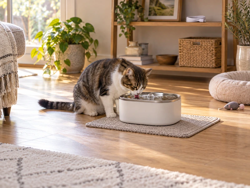 AI-created scene of a cat drinking from an unbranded cordless fountain on a dry mat
