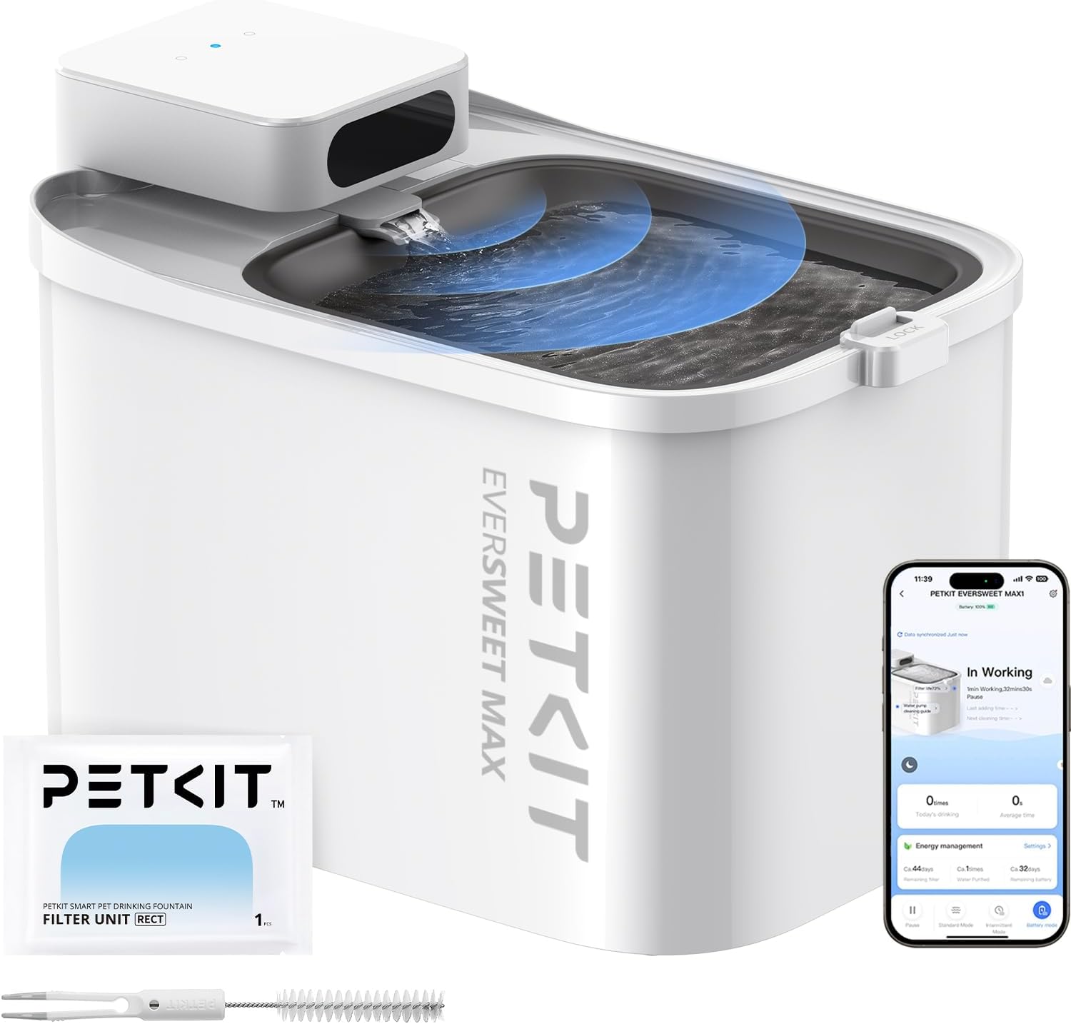 White PETKIT EverSweet Max cordless fountain with a phone display, filter packet and cleaning brush