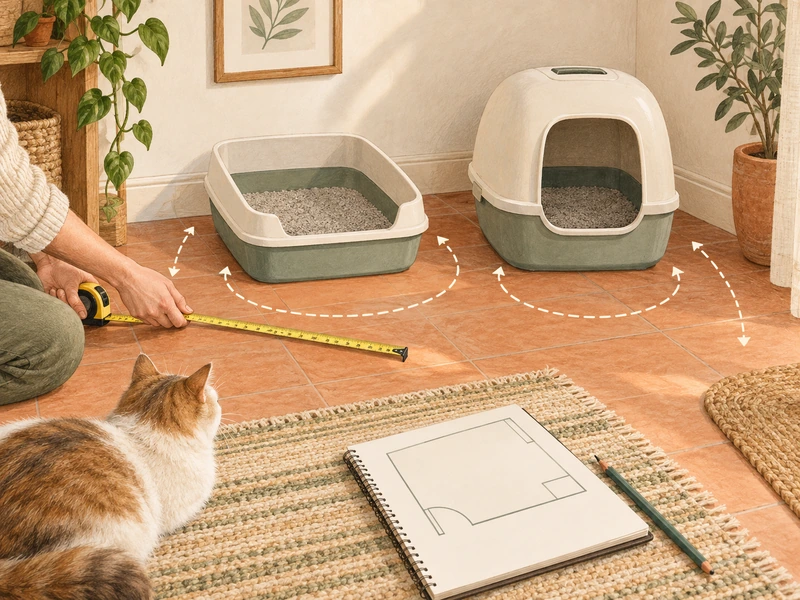 AI-created illustration of generic litter pans, a person measuring floor space and a floorplan notebook