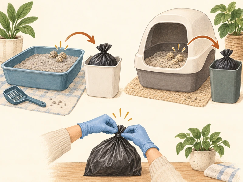 AI-created illustration of generic litter pans, conceptual waste arrows, bagged containers and gloved hands tying a bag