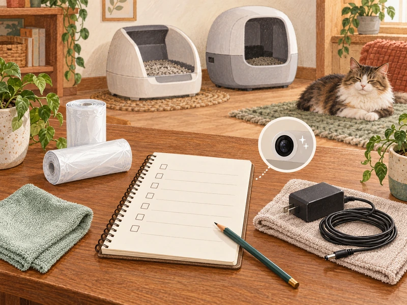 AI-created illustration of a maintenance notebook, liner rolls, a cloth, disconnected power adapter and conceptual sensor symbol