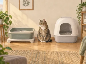 AI-created illustration for a Neakasa vs Litter Robot guide, showing a cat between generic open and covered litter pans