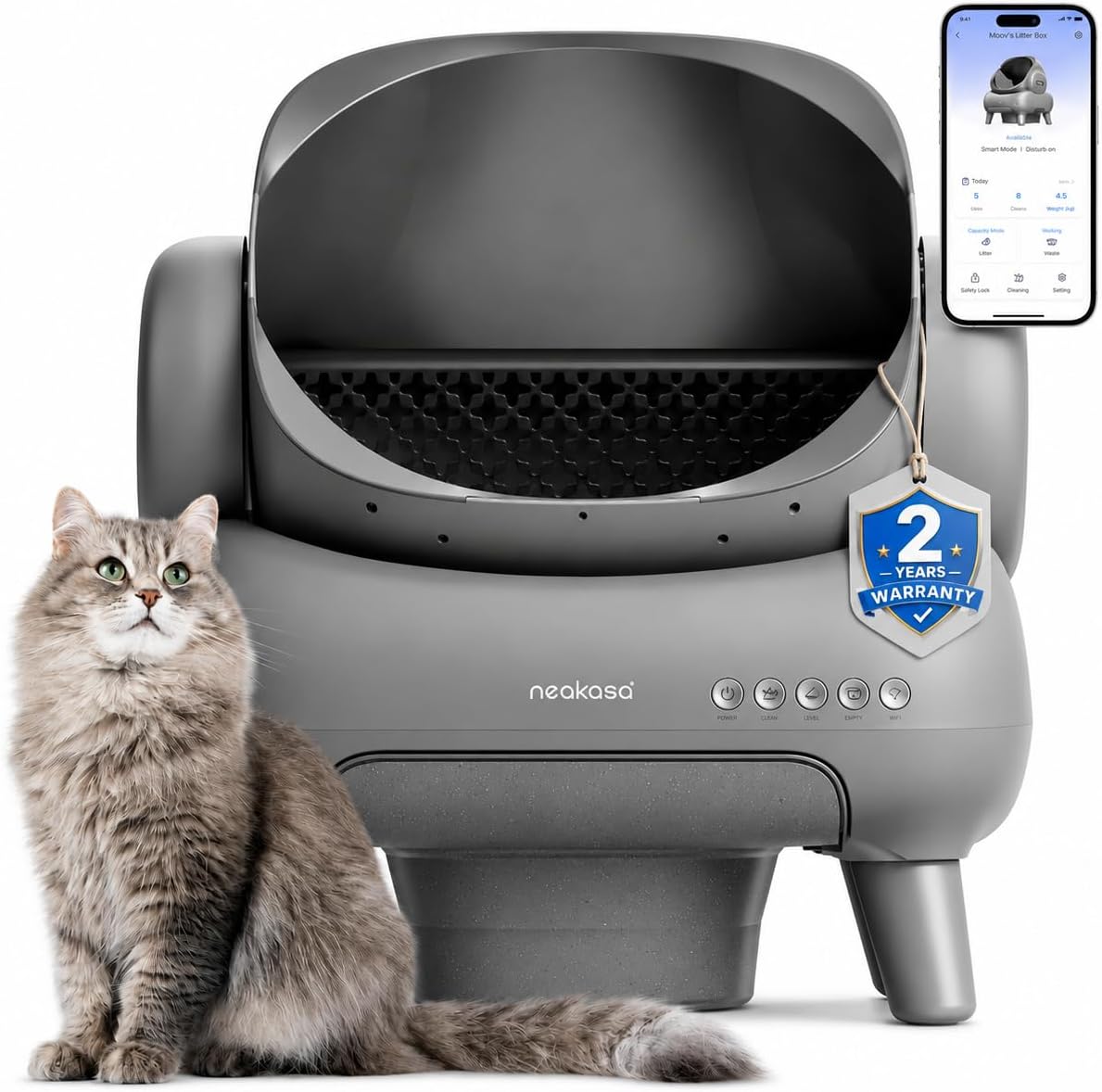 Grey Neakasa M1 Plus shown with a cat, phone screen and a two-year warranty marketing badge