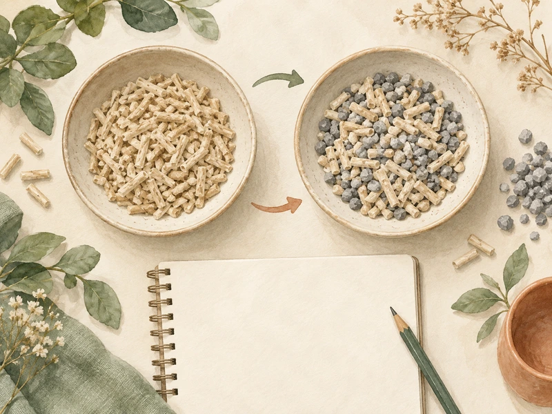 AI-created materials illustration for a pidan tofu cat litter comparison, with generic pellets and mixed granules in two dishes