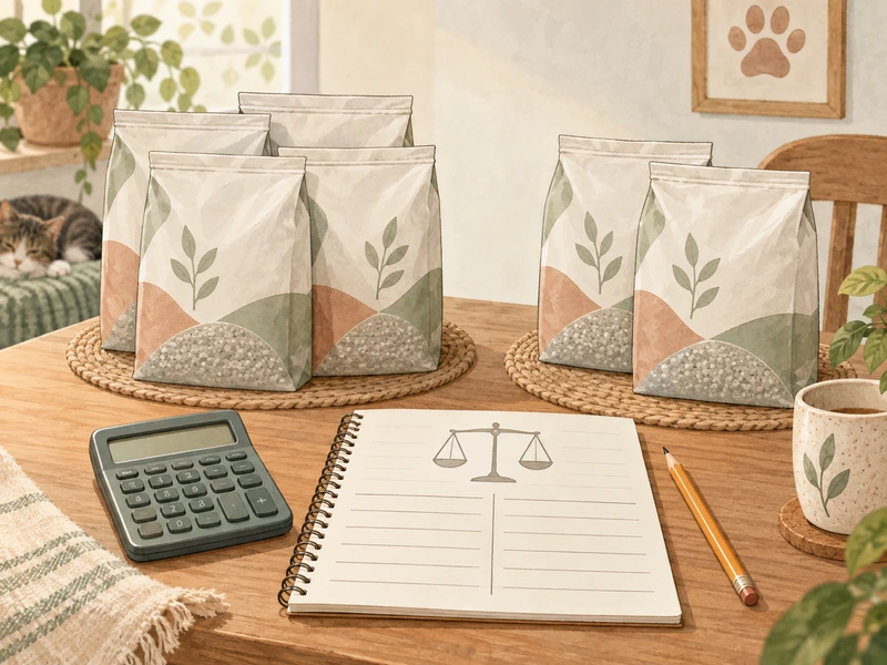 AI-created illustration of four and two generic supply bags beside a calculator and a blank cost worksheet