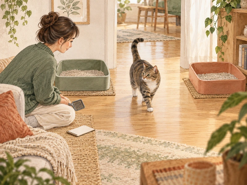 AI-created illustration of a person observing a cat near two ordinary litter trays during a gradual litter trial