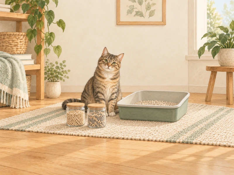 AI-created illustration for a pidan tofu cat litter guide, showing a cat, manual litter tray and two generic sample jars