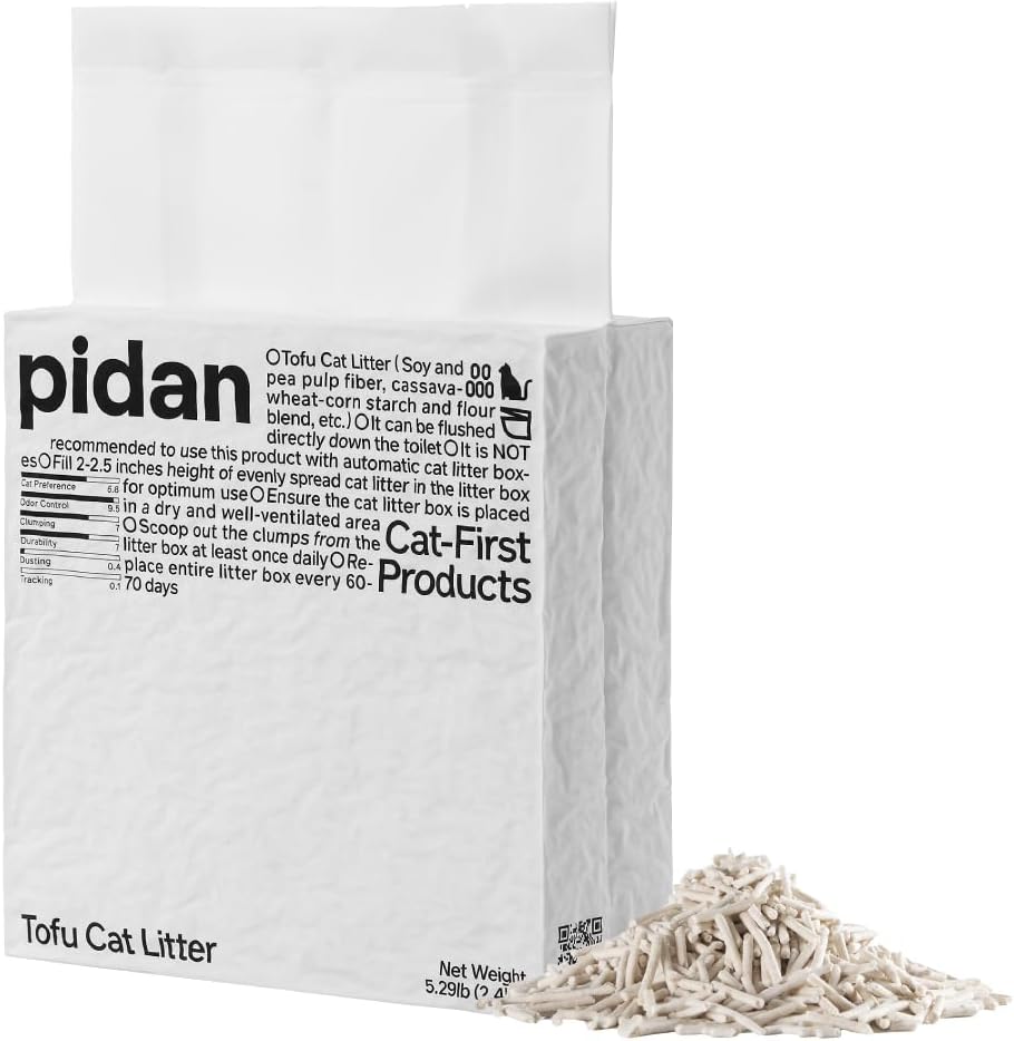pidan tofu cat litter bag with its printed ingredient and use information and a pile of pale pellets