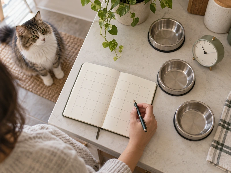 AI-created scene of a cat owner planning meals with a notebook, clock and three empty ordinary food bowls