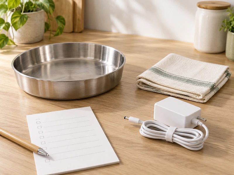 AI-created care concept with an empty stainless bowl, dry cloth and unplugged generic power adapter