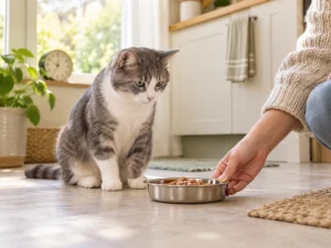 AI-created conceptual scene for a PETLIBRO wet food feeder guide, showing a cat and an owner setting down an ordinary food bowl