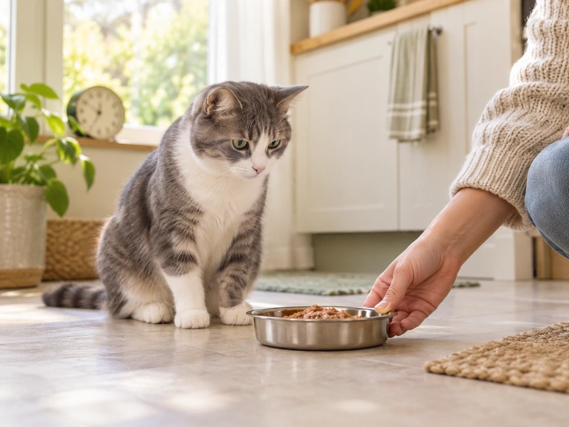 AI-created conceptual scene for a PETLIBRO wet food feeder guide, showing a cat and an owner setting down an ordinary food bowl