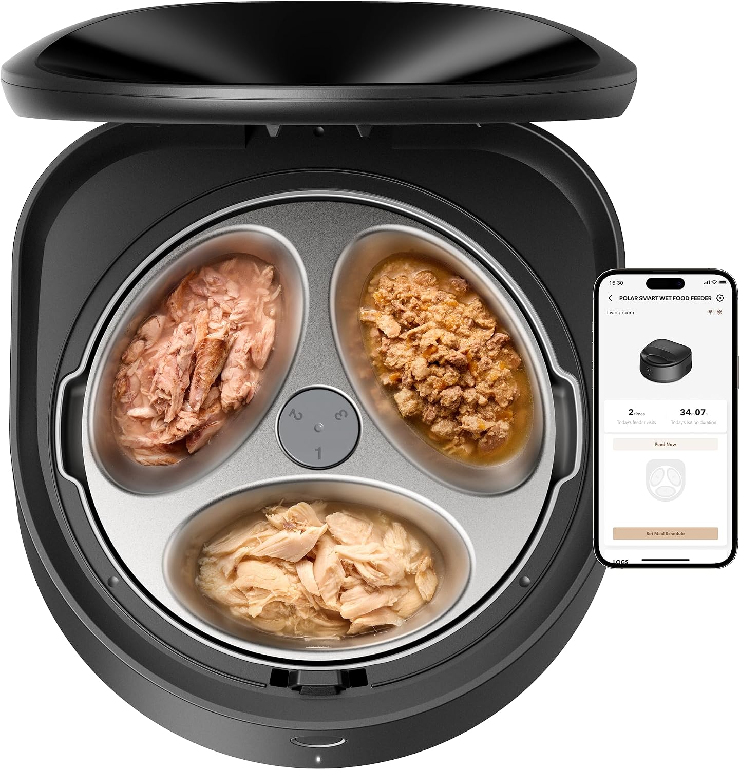 PETLIBRO Polar black wet food feeder with three stainless tray sections, open lid and a phone app graphic