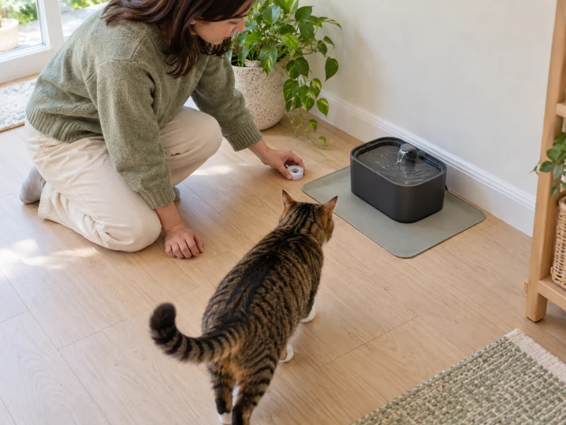 A person checks open floor space around a generic charcoal cat fountain while a tabby cat approaches from the front.