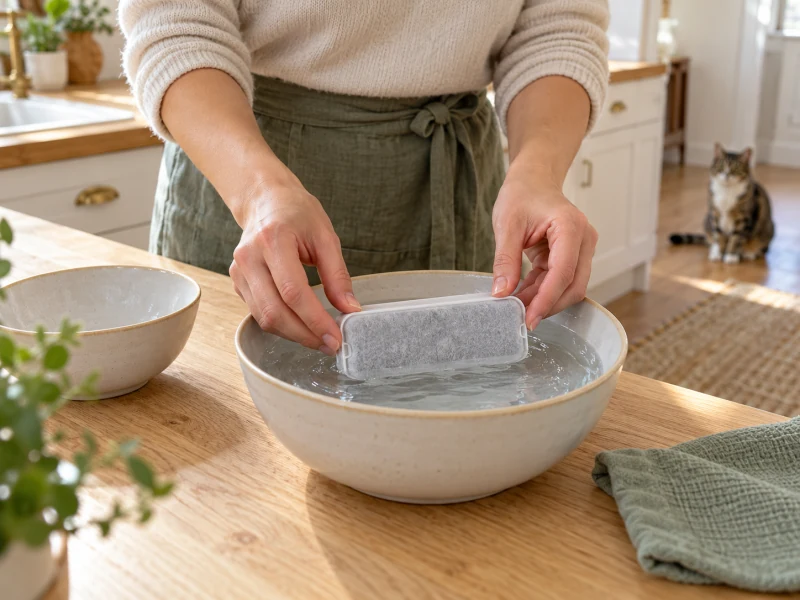 Adult hands prepare a generic replacement filter in a separate clean ceramic bowl beside a rinsing area.