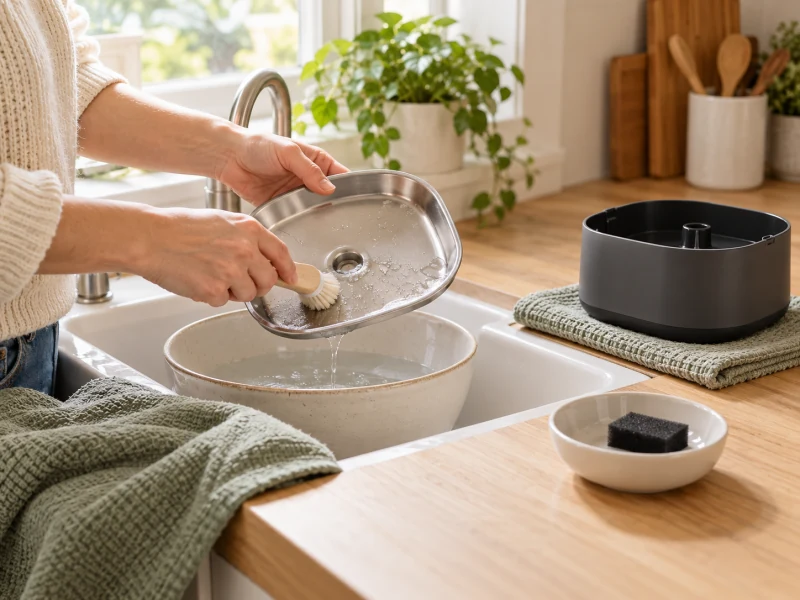 A person cleans a generic removable water tray with a soft brush while the dry unpowered fountain base remains away from the sink.