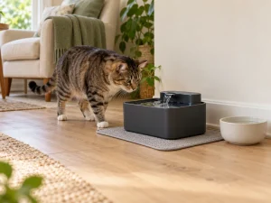 A tabby cat approaches a generic charcoal water fountain beside a separate ceramic water bowl in a bright living room.