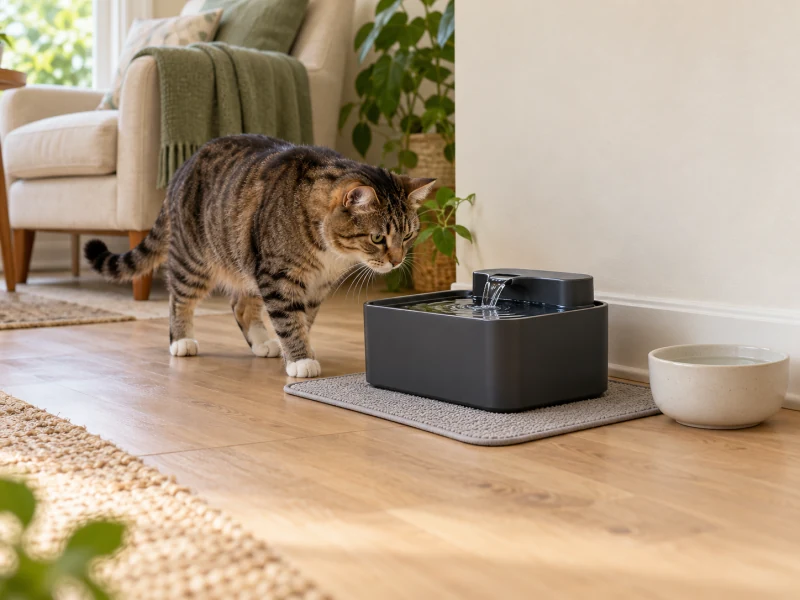 A tabby cat approaches a generic charcoal water fountain beside a separate ceramic water bowl in a bright living room.