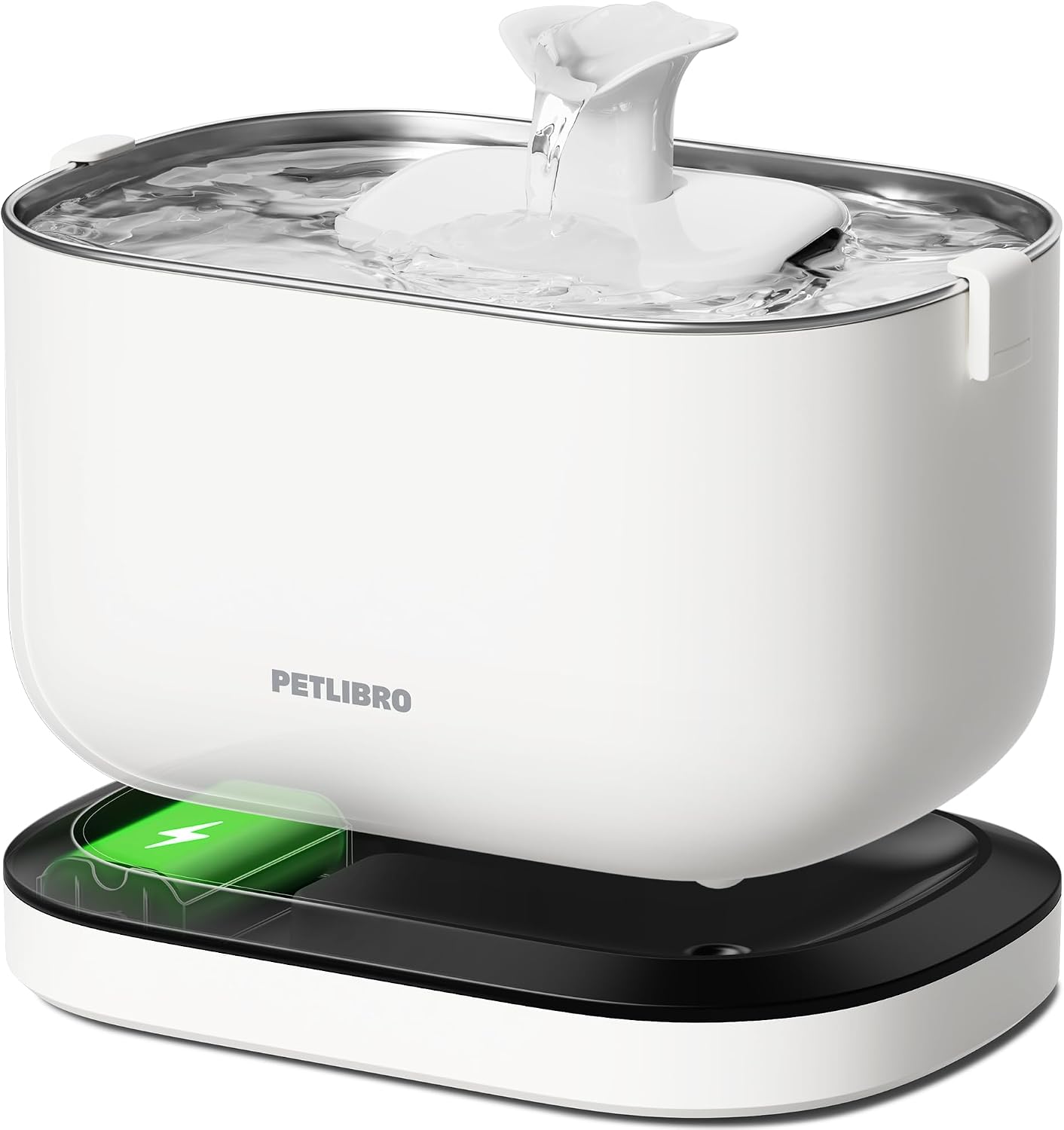 White PETLIBRO Dockstream cordless cat water fountain PLWF115 shown above its base with a green battery graphic.
