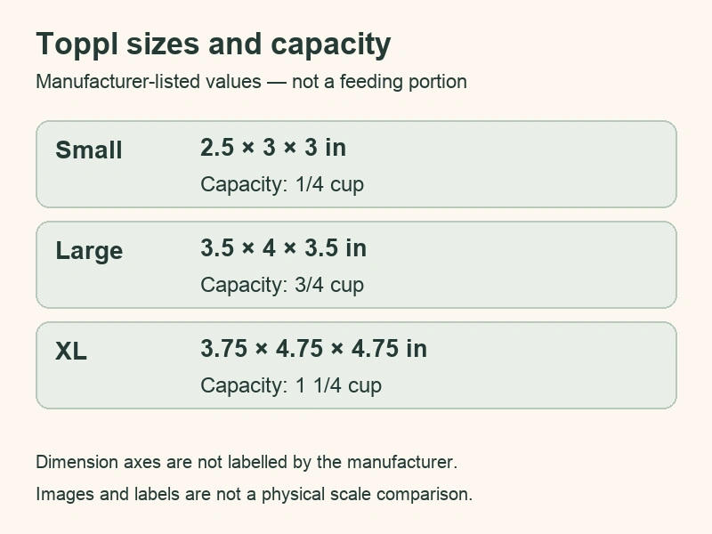 Original chart showing Small2.5×3×3in and1/4cup, Large3.5×4×3.5in and3/4cup, XL3.75×4.75×4.75in and1¼cup