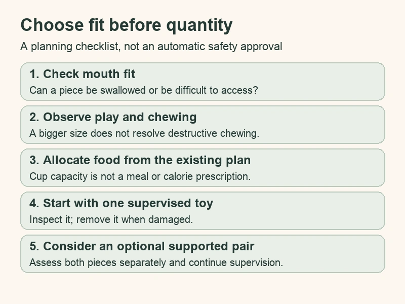 Original five-step Toppl selection checklist covering mouth fit, chewing, food allocation, supervised single use and optional pairing