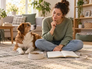 AI-created scene for a West Paw Toppl dog toy guide, with an owner, dog, notebook and ordinary food bowl