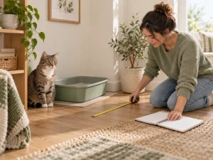AI-created concept for a PETKIT PuraMax 2 guide, showing a cat, ordinary litter tray and an owner measuring clear floor space