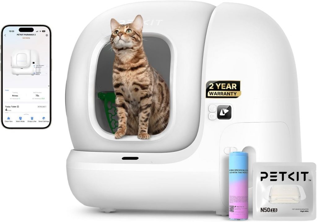 PETKIT PuraMax 2 with illustrated cat, phone app, bag roll and N50 2.0 package