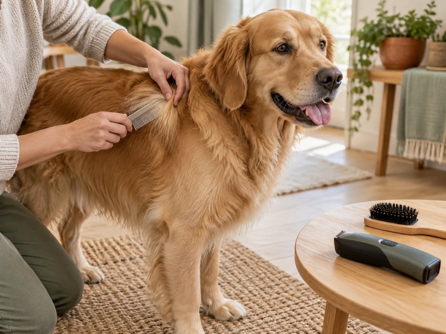 AI-created coat-preparation scene for choosing the best dog grooming clippers, with a comb and an unused clipper.