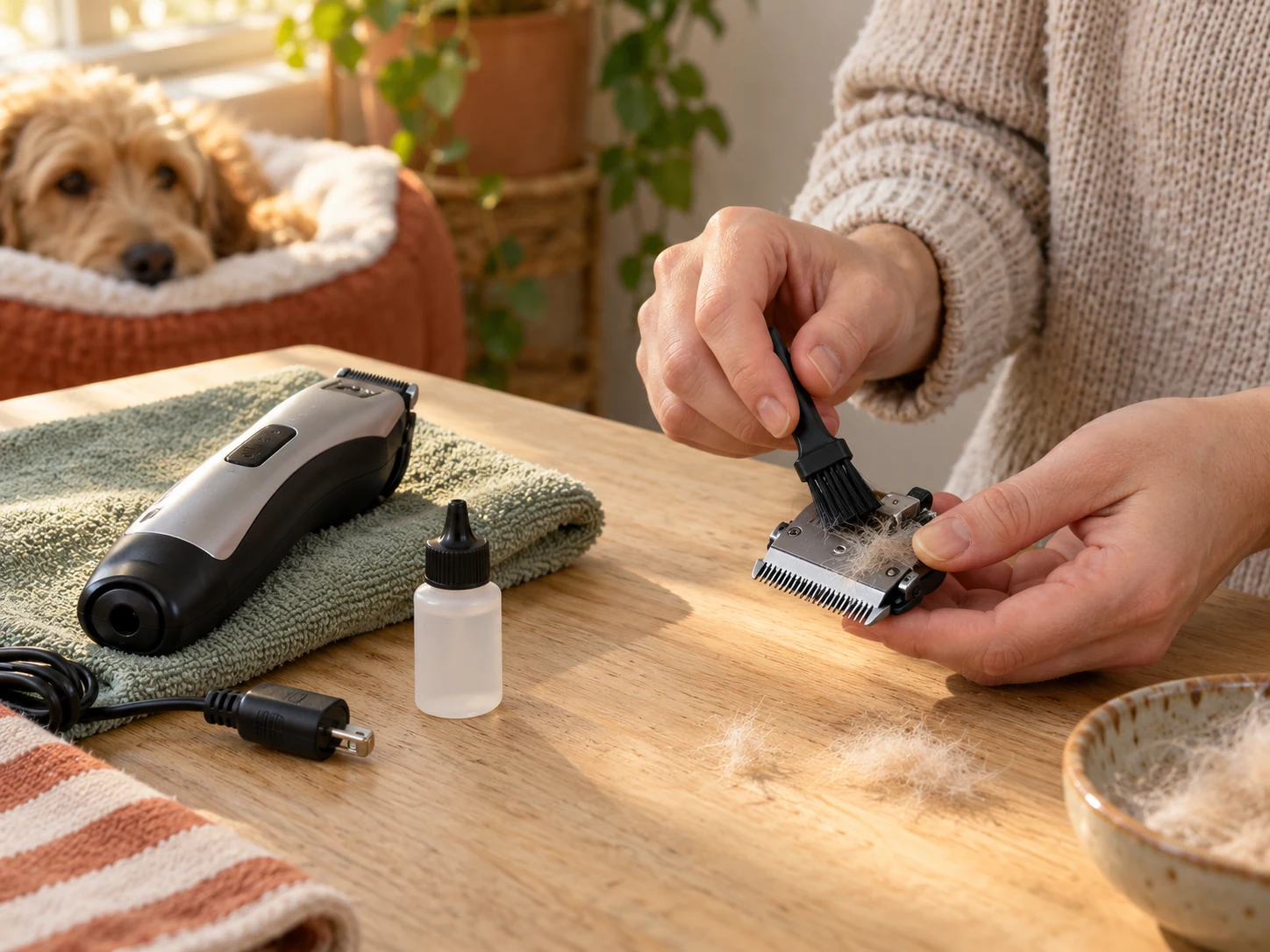 AI-created scene of brushing loose hair from a detached clipper head beside a switched-off tool and unplugged cable.