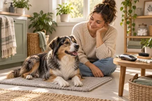 AI-created scene of a relaxed dog and seated owner on a mat beside an unused cordless clipper and brush.