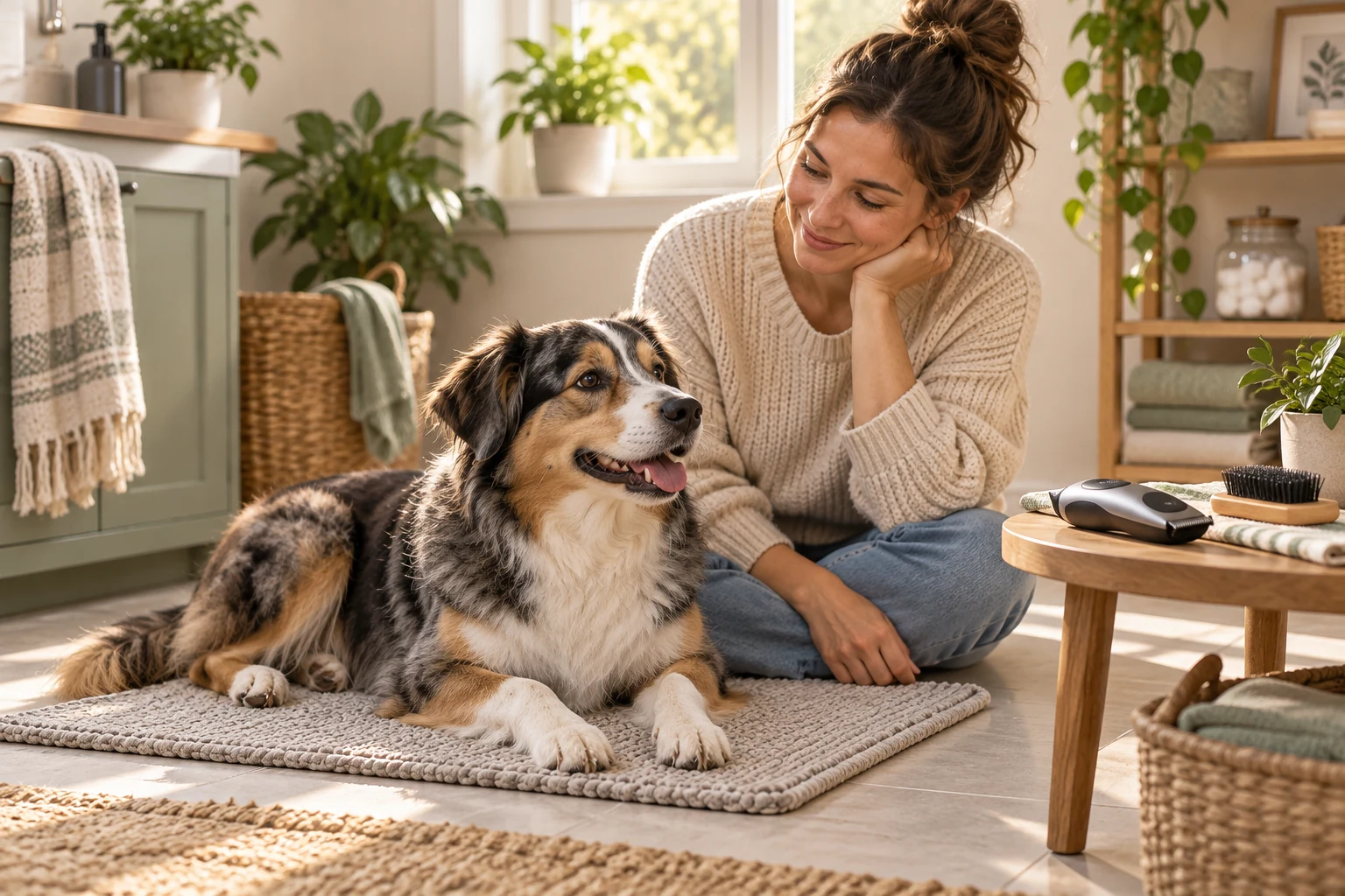 AI-created scene of a relaxed dog and seated owner on a mat beside an unused cordless clipper and brush.