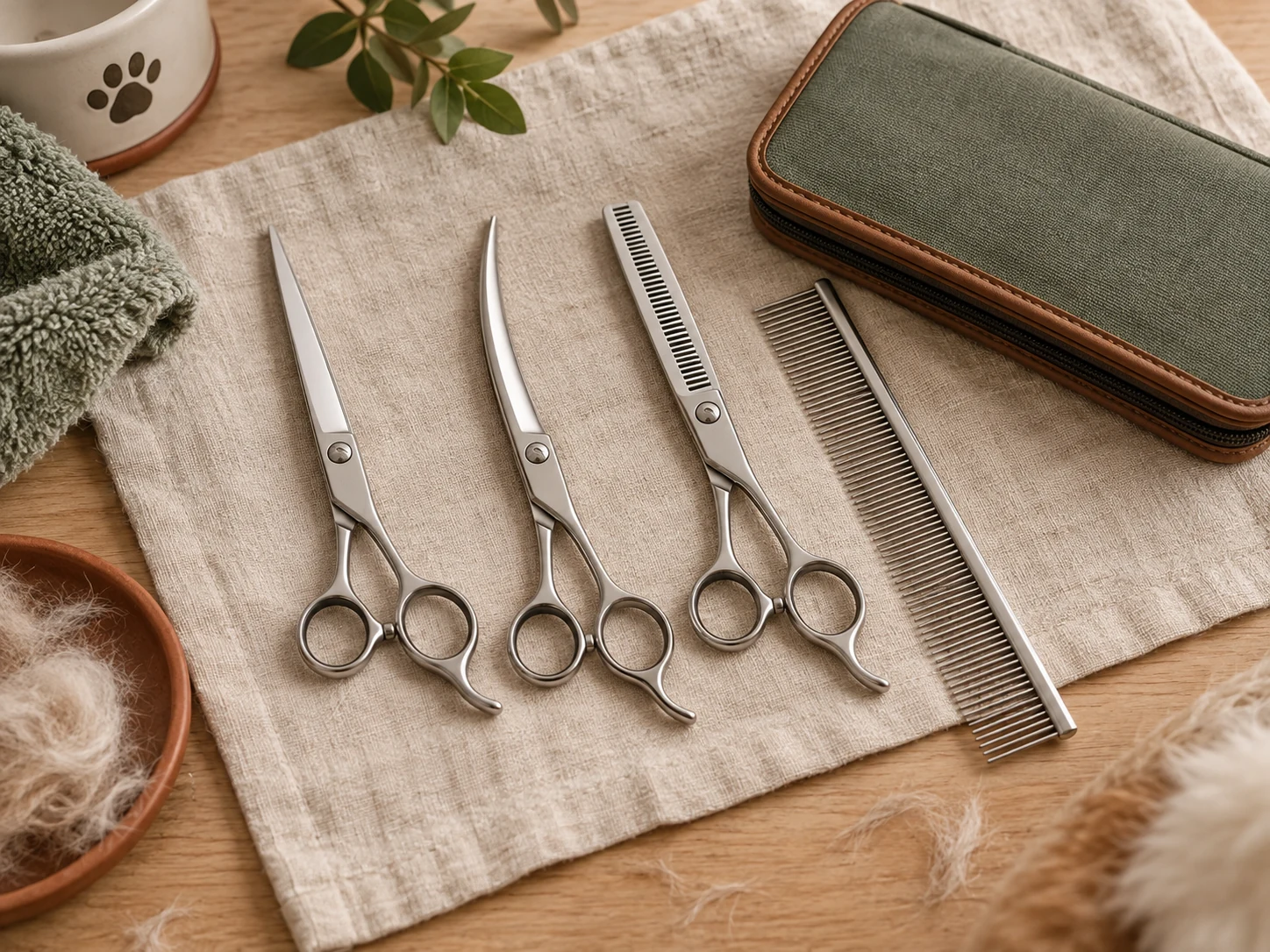 AI-created flat lay of closed straight, curved and thinning scissors with a separate metal comb.