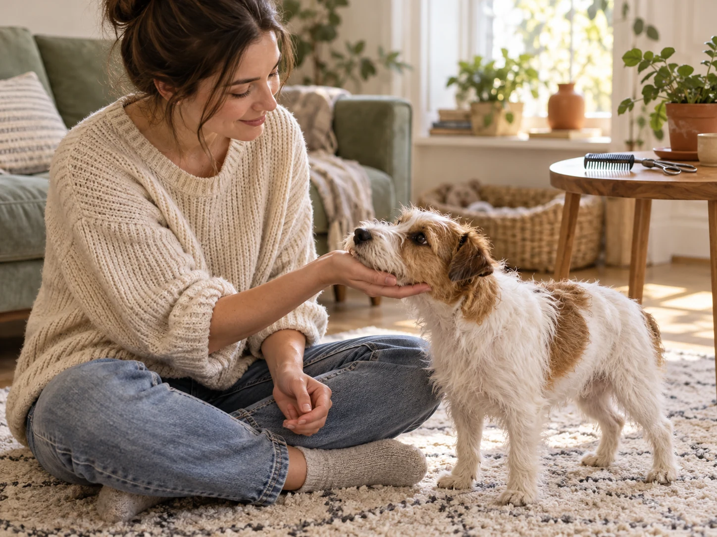 AI-created scene of a dog voluntarily resting its chin on an owner's open palm while closed tools remain on a side table.