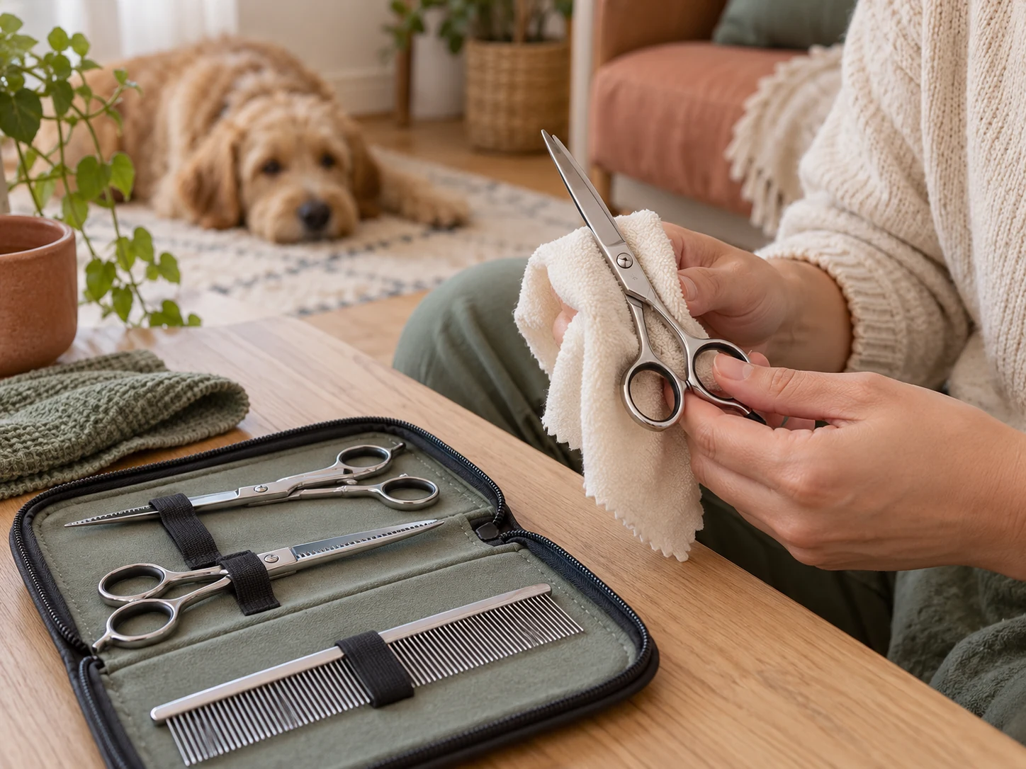 AI-created scene of dry wiping closed grooming scissors beside a clean storage case and comb.