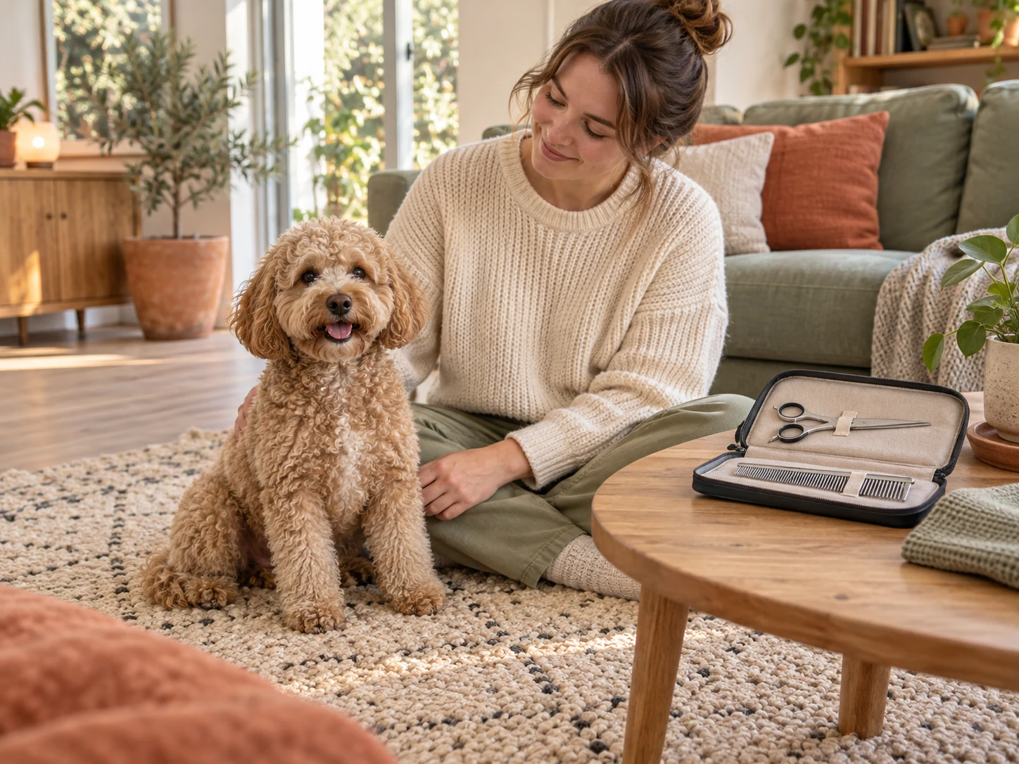 AI-created scene of a curly-coated dog and owner beside a case of closed grooming scissors and a comb.